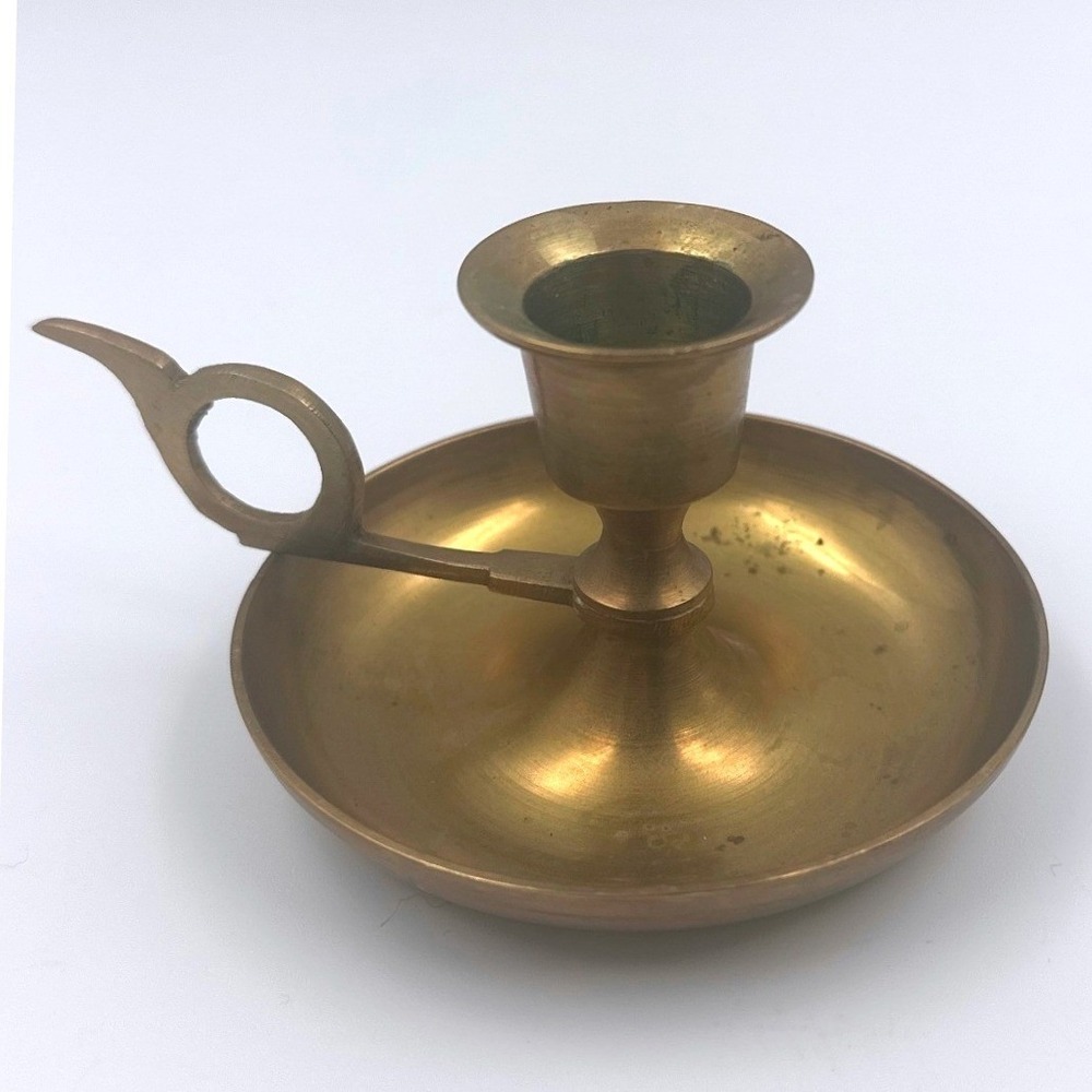 Vintage India Brass Chamberstick Candle Holder Finger Loop Handle Small